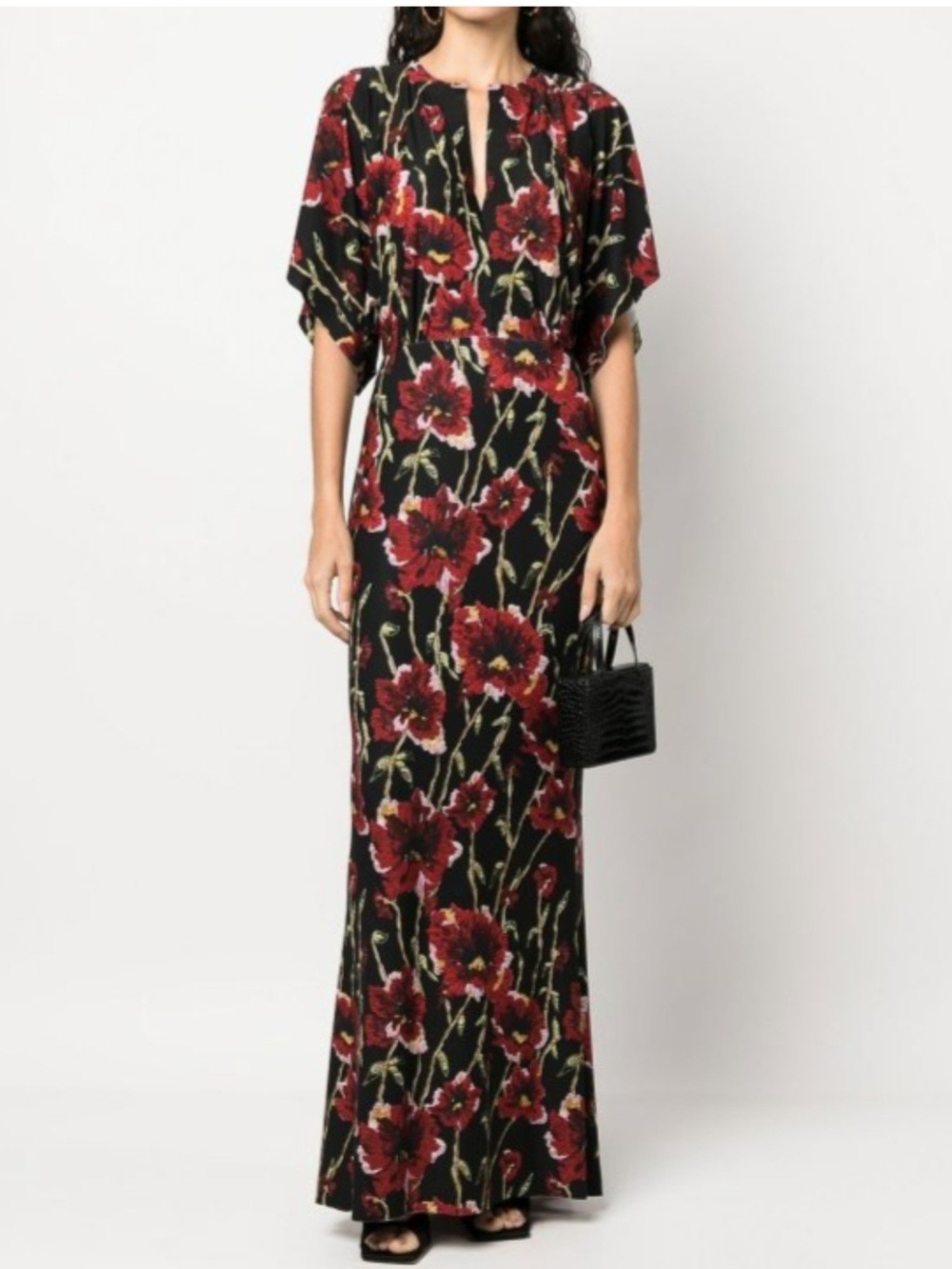 Norma Kamali Black Maxi Dress with Red Floral Print